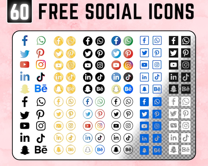 Puede incluir: Un conjunto de 60 iconos de redes sociales gratuitos en varios estilos, incluyendo blanco y negro, color y transparente. Los iconos representan plataformas de redes sociales populares como Facebook, Twitter, Instagram, YouTube, Pinterest, LinkedIn, TikTok, Snapchat y Behance.