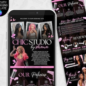 May include: A black and pink digital template for a beauty salon, displayed on a smartphone and a tablet. The template includes images of hairstyles, salon policies, client reviews, and the text "CHIC STUDIO by shana".