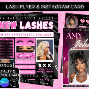 May include: A promotional flyer and Instagram card for lash extensions and hair styling services. The design features a black and pink color scheme with images of lashes and a woman with blonde hair. Text includes "New Lashes" and "Your Hair Stylist Amy John."