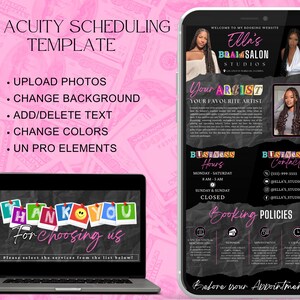 Op de afbeelding: Een digitale sjabloon voor Acuity Scheduling, met opties om foto's te uploaden, achtergronden te wijzigen, tekst toe te voegen/verwijderen en kleuren te wijzigen. Het ontwerp toont een telefoonscherm met de boekingswebsite van een salon.
