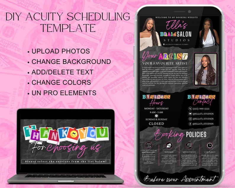 Op de afbeelding: Een digitale sjabloon voor Acuity Scheduling, met opties om foto's te uploaden, achtergronden te wijzigen, tekst toe te voegen/verwijderen en kleuren te wijzigen. Het ontwerp toont een telefoonscherm met de boekingswebsite van een salon.