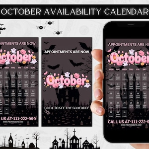 Puede incluir: Un calendario de disponibilidad de octubre digital que se muestra en un teléfono inteligente y otras dos pantallas. El calendario presenta un tema espeluznante con murciélagos, fantasmas y calabazas. El texto dice "Octubre" en letras rosas.