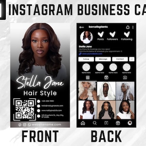 Puede incluir: Tarjeta de visita de Instagram para Stella Jane Hair Style. La tarjeta presenta un dise&ntilde;o en blanco y negro con un c&oacute;digo QR, informaci&oacute;n de contacto e iconos de redes sociales. La parte posterior de la tarjeta muestra un perfil con publicaciones, seguidores y seguidos.