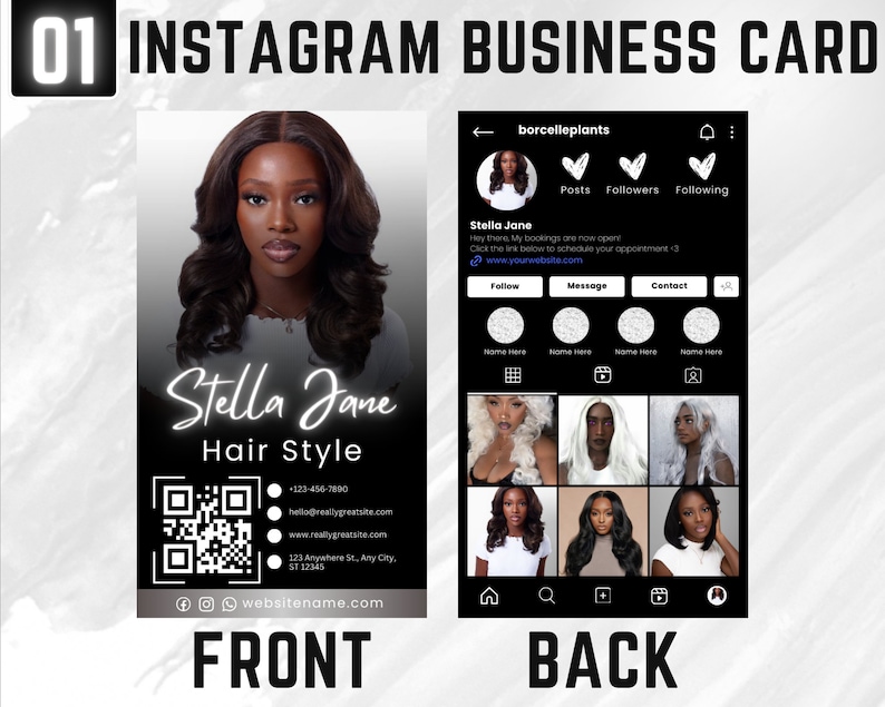 Puede incluir: Tarjeta de visita de Instagram para Stella Jane Hair Style. La tarjeta presenta un dise&ntilde;o en blanco y negro con un c&oacute;digo QR, informaci&oacute;n de contacto e iconos de redes sociales. La parte posterior de la tarjeta muestra un perfil con publicaciones, seguidores y seguidos.