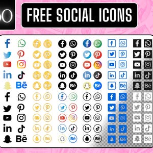 May include: A collection of 60 social media icons in various colors and styles, including Facebook, Twitter, Pinterest, Instagram, YouTube, LinkedIn, TikTok, Snapchat, and Behance. The words "FREE SOCIAL ICONS" are displayed at the top.