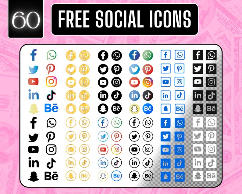 May include: A collection of 60 social media icons in various colors and styles, including Facebook, Twitter, Pinterest, Instagram, YouTube, LinkedIn, TikTok, Snapchat, and Behance. The words "FREE SOCIAL ICONS" are displayed at the top.