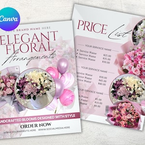 May include: Two-page flyer for floral arrangements. The left page features the text "ELEGANT FLORAL Arrangements" with a bouquet of flowers and balloons. The right page is a price list with floral bouquet images.