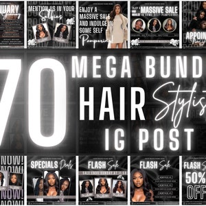 Puede incluir: Un collage de 70 plantillas de publicaciones de Instagram en blanco y negro para estilistas de cabello. El texto "MEGA BUNDLE 70 HAIR STYLIST IG POST" est&aacute; en letras de ne&oacute;n blancas sobre un fondo negro.