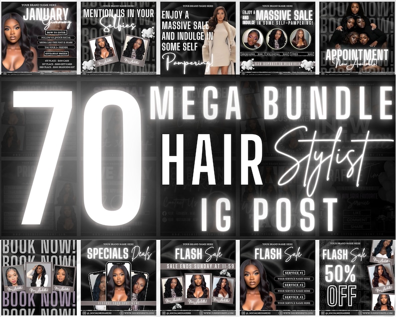 Puede incluir: Un collage de 70 plantillas de publicaciones de Instagram en blanco y negro para estilistas de cabello. El texto "MEGA BUNDLE 70 HAIR STYLIST IG POST" est&aacute; en letras de ne&oacute;n blancas sobre un fondo negro.
