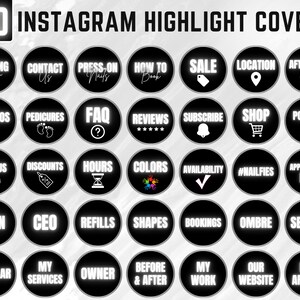 Puede incluir: Cuarenta portadas de destacados de Instagram en blanco y negro con texto blanco. Las portadas incluyen texto como "Pr&oacute;ximamente", "Cont&aacute;ctanos", "U&ntilde;as postizas", "C&oacute;mo reservar", "Venta", "Ubicaci&oacute;n", "Atenci&oacute;n posterior", "Promociones", "Pedicuras", "Preguntas frecuentes", "Opiniones", "Suscribirse", "Tienda", "Pol&iacute;ticas", "Env&iacute;anos un mensaje", "Descuentos", "Horarios", "Colores", "Disponibilidad", "#Nailfies", "Informaci&oacute;n de citas", "Unirse", "CEO", "Recargas", "Formas", "Reservas", "Ombre", "Selfies", "Popular", "Mis servicios", "Propietario", "Antes y despu&eacute;s", "Mi trabajo", "Nuestro sitio web", y "Nuevas llegadas".