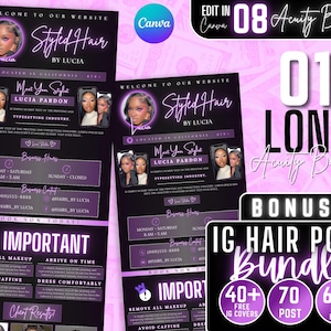 Può includere: Un volantino viola e nero con il testo "Styled Hair by Lucia" e "Meet Your Stylist Lucia Pardon". Il volantino include anche gli orari di apertura, le informazioni di contatto e una sezione intitolata "Importante" con istruzioni per i clienti.