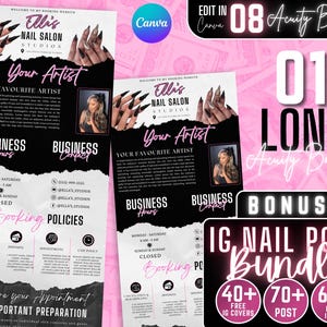May include: A pink and black flyer for a nail salon called "Ella's Nail Salon Studios". The flyer includes the salon's business hours, contact information, booking policies, and important preparation information for appointments. The flyer also includes a bonus offer for Instagram nail post templates.
