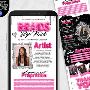 Peut inclure: Un téléphone portable affiche une publicité rose et noire pour "Braids By Nick" avec une photo d'une femme. L'annonce comprend les heures d'ouverture, les coordonnées et une liste de services. Le design présente du texte et des accents roses.