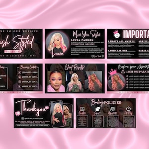 May include: A pink and black promotional graphic for a lash stylist named Lucia. The graphic includes a photo of Lucia, her business hours, contact information, and a call to action to book now. The graphic also includes information about lash preparation and booking policies.