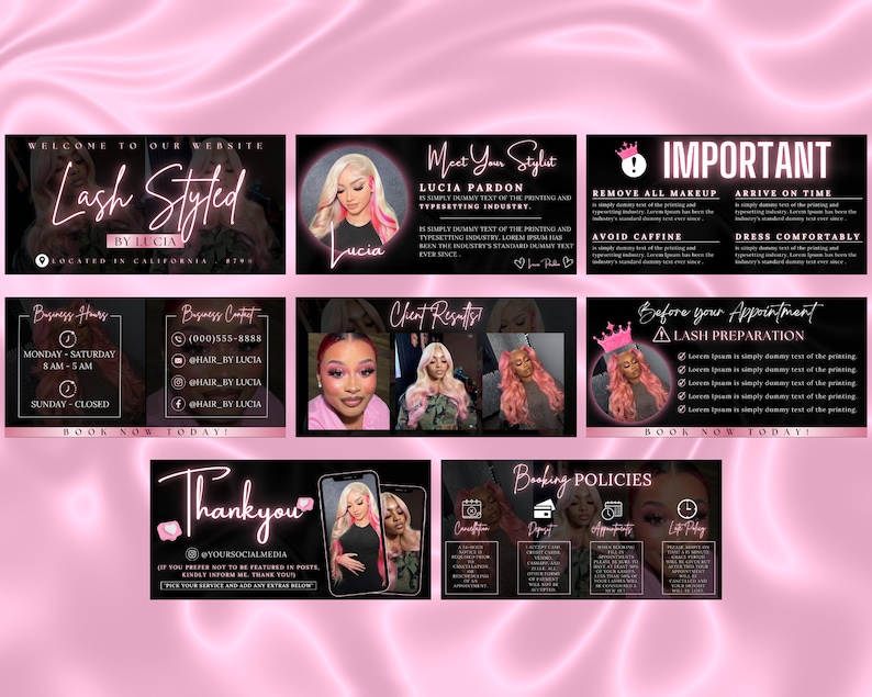 May include: A pink and black promotional graphic for a lash stylist named Lucia. The graphic includes a photo of Lucia, her business hours, contact information, and a call to action to book now. The graphic also includes information about lash preparation and booking policies.