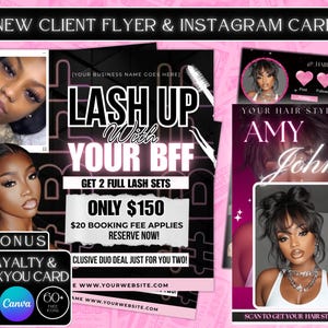 Puede incluir: Flyers promocionales rosas y negros y tarjeta de Instagram para una estilista de pestañas y cabello. Los folletos presentan imágenes de mujeres con extensiones de pestañas y peinados. El texto incluye "Lash Up With Your BFF" y "Get 2 Full Lash Sets Solo 150$".