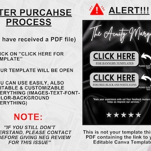 May include: An instructional graphic for a digital template purchase. The text reads AFTER PURCHASE PROCESS, ALERT, CLICK HERE FOR BANNERS TEMPLATES, CLICK HERE FOR FREE BLACK AND WHITE ICONS, and includes a five-star rating graphic and instructions.