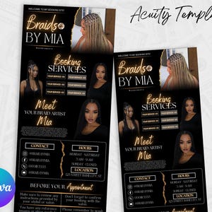 May include: A black and gold flyer with the text "Braids by Mia" and a photo of a woman with braids. The flyer includes information about booking services, contact information, hours, and location.