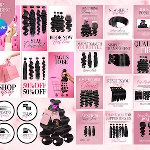 Puede incluir: Imagen promocional de un kit de branding capilar, que presenta varias extensiones de cabello y materiales de marketing. La imagen incluye texto como "Shop Now", "50% Off" y "New Here? Welcome". La combinación de colores es rosa y negro.