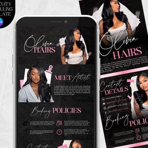 May include: A black and pink digital template for hair services, featuring the text "Olivia Hairs" and images of a woman with long, dark hair. The template includes sections for booking policies and contact details.