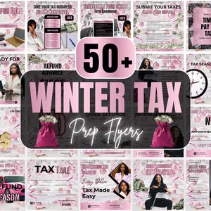Könnte beinhalten: Eine Sammlung von rosa und weißen Flyern zur Steuererklärung mit Texten wie "Winter Tax Prep Flyers", "Tax Filing" und "Refund Advance". Die Flyer zeigen Bilder von Geld, Laptops und Geschäftsleuten.