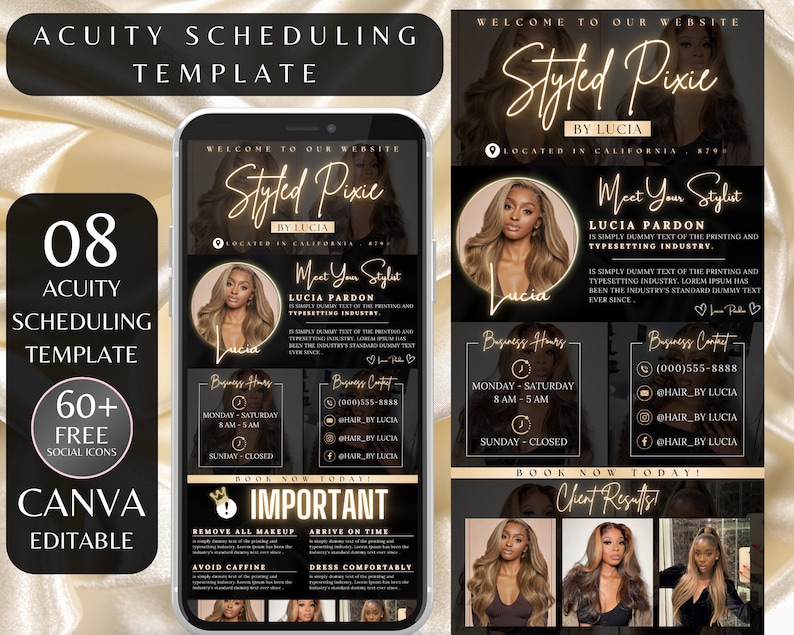 May include: A black and gold mobile phone screen displaying a business appointment scheduling template for a hair stylist. The template includes the stylist's name, business hours, contact information, and a section titled "Important" with tips for clients. The template is designed to be used on the Canva platform.