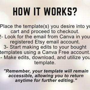 May include: A white background with black text explaining how to use Canva templates purchased on Etsy. The text reads: "HOW IT WORKS? 1- Place the template(s) you desire into your cart and proceed to checkout. 2- Look for the email from Canva in your registered Etsy email account. 3- Start making edits to your bought templates using a Canva Free account. 4- Make edits, download, and utilize your template. "Remember, your template will remain accessible, allowing you to return anytime for further editing."