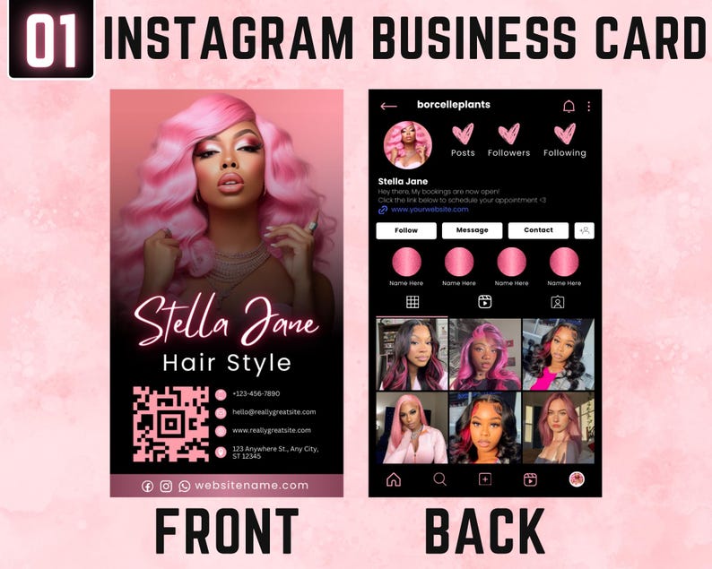 Op de afbeelding: Een roze en zwart Instagram visitekaartje ontwerp. De voorkant toont een vrouw met roze haar, de tekst "Stella Jane Hair Style" en contactgegevens. De achterkant toont een Instagram profiel met foto's en de tekst "Stella Jane".