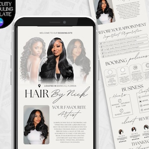 May include: A smartphone screen displays a beauty salon advertisement. The ad features images of women with long, dark hair. Text includes "Hair by Nick," "Your Favourite Artist," and booking information. A separate flyer provides additional details.