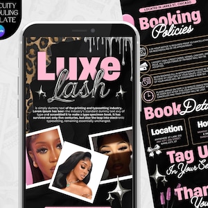 May include: A black and pink digital template for a lash business, featuring the text "Luxe Lash" and booking details. The design includes images of women, leopard print accents, and silver dripping effects. The template is designed for use with Acuity Scheduling.