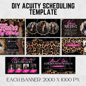 May include: A DIY Acuity scheduling template set featuring a black and leopard print theme with pink text accents. The digital banners include sections for business hours, location, client reviews, and booking information, each measuring 2000 x 1000 px.