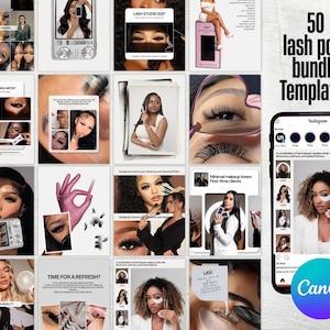 May include: A digital collection of 50 lash post bundle templates for social media, featuring various layouts with photographs of individuals wearing eyelash extensions, text overlays, and a smartphone display showing an Instagram profile.