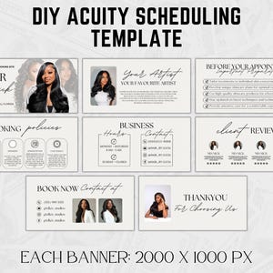 May include: A digital template for Acuity Scheduling, featuring a hair salon theme. The design includes banners with text such as "Hair by Nick," "Booking Policies," and "Client Reviews." The template is designed with a neutral color palette.