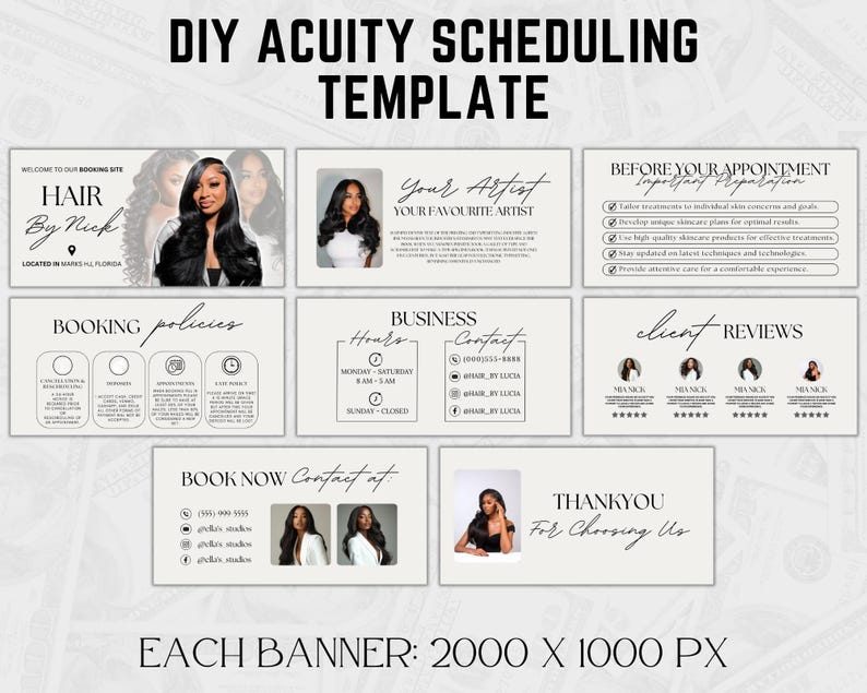 May include: A digital template for Acuity Scheduling, featuring a hair salon theme. The design includes banners with text such as "Hair by Nick," "Booking Policies," and "Client Reviews." The template is designed with a neutral color palette.