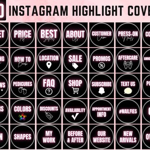 Op de afbeelding: Een verzameling van 40 Instagram Highlight Covers met een zwarte achtergrond en roze neon tekst. Elke cover toont een ander woord of icoon, waaronder "FAQ", "Shop", "Reviews" en "Pedicures".