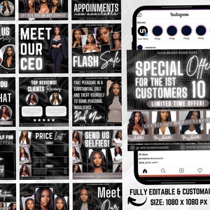 Puede incluir: Un conjunto de plantillas de publicaciones de Instagram dise&ntilde;adas para un sal&oacute;n de belleza o un negocio de belleza. Las plantillas presentan im&aacute;genes en blanco y negro de mujeres con cabello largo, junto con texto que promociona ofertas especiales y servicios. El texto incluye frases como "Conoce a nuestro CEO", "&iexcl;Las mejores rese&ntilde;as! Rese&ntilde;as de clientes", "Oferta especial para los 10 primeros clientes" y "Obt&eacute;n $25 de descuento en cualquier servicio".