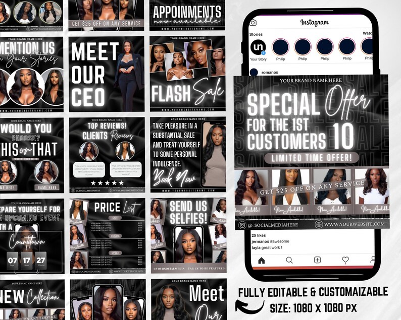 Puede incluir: Un conjunto de plantillas de publicaciones de Instagram dise&ntilde;adas para un sal&oacute;n de belleza o un negocio de belleza. Las plantillas presentan im&aacute;genes en blanco y negro de mujeres con cabello largo, junto con texto que promociona ofertas especiales y servicios. El texto incluye frases como "Conoce a nuestro CEO", "&iexcl;Las mejores rese&ntilde;as! Rese&ntilde;as de clientes", "Oferta especial para los 10 primeros clientes" y "Obt&eacute;n $25 de descuento en cualquier servicio".