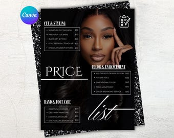Plantilla de lista de precios negra: precios de salón de belleza, tecnología de pestañas, estilistas, trenzadoras, pelucas, uñas, maquillaje. Plantilla de Canva editable y personalizable.