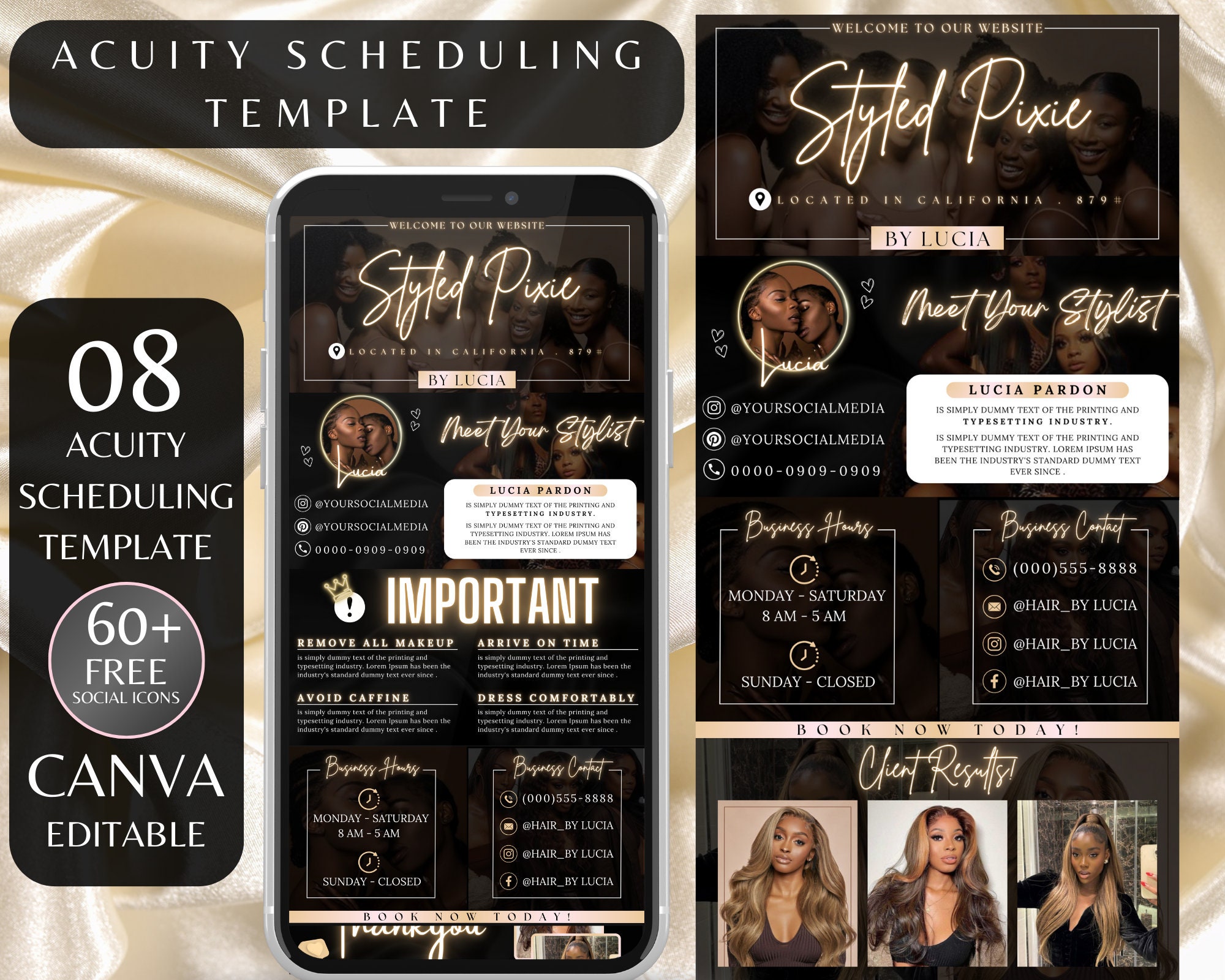 Hair Stylist Acuity Scheduling Template | Hair Stylist Branding | Hair Stylist Website | Canva Templates | Black and Gold Acuity