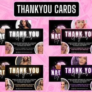 May include: A collection of black and white Thank You cards with the text "THANK YOU Gorgeous". The cards feature images of women and include promotional text. The cards are set against a pink background.