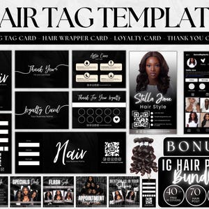 Peut inclure: Un modèle d'étiquette de cheveux noir et blanc avec diverses conceptions de cartes, y compris des étiquettes volantes, des enveloppes de cheveux, des cartes de fidélité et des cartes de remerciement. Le modèle comporte le texte "Hair Tag Template" et "Bonus IG Hair Post Bundle".