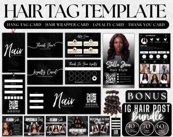 DIY Hair bundle tag template, thank you card,hair extension ,wig, air business packaging, hair aftercare loyalty card, hair branding kit