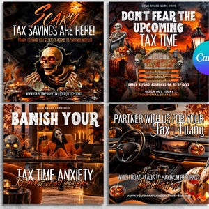 May include: A four-panel digital graphic featuring Halloween-themed tax service advertisements. The panels include imagery of a skeleton, a graveyard, a person in a ghost mask, and a car interior, all with text promoting tax filing services.