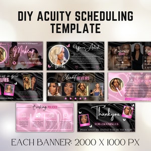 May include: A set of eight pink and black banners with text and images for a makeup artist's business. The banners include information about the artist's website, business hours, contact information, client reviews, booking policies, and a thank you message. Each banner is 2000 x 1000 pixels.