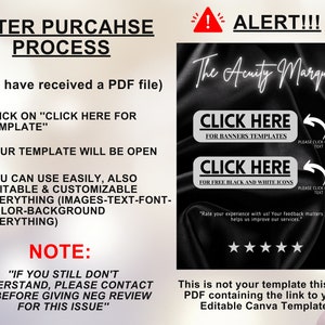 May include: A black and white graphic with the text "The Acuity Marquee" and two buttons that say "Click Here" for banners templates and free black and white icons. The text "ALERT!!!" is in red with an exclamation point and a megaphone icon. The text "This is not your template this is a PDF containing the link to your Editable Canva Template" is below the buttons.