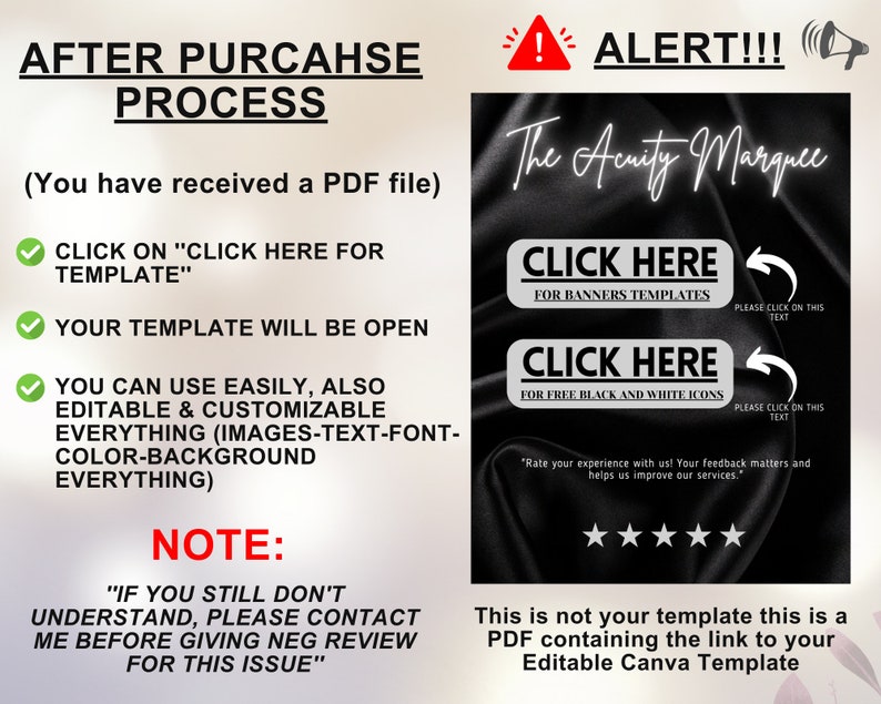 May include: A black and white graphic with the text "The Acuity Marquee" and two buttons that say "Click Here" for banners templates and free black and white icons. The text "ALERT!!!" is in red with an exclamation point and a megaphone icon. The text "This is not your template this is a PDF containing the link to your Editable Canva Template" is below the buttons.