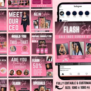 Op de afbeelding: Roze en witte social media-sjablonen voor een haar- en beautybedrijf. De sjablonen bevatten promotionele afbeeldingen met tekst als "Flash Sale" en "New Collection". Een Instagram-mockup toont een flash sale-afbeelding met drie kapsels.