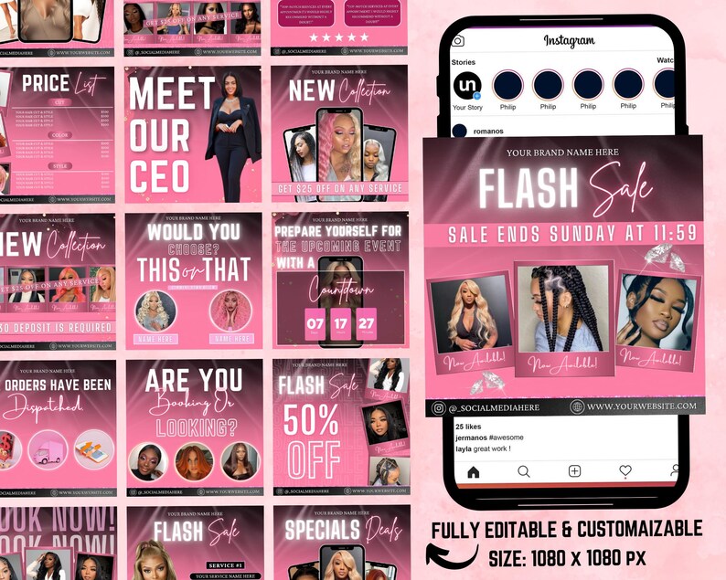 Op de afbeelding: Roze en witte social media-sjablonen voor een haar- en beautybedrijf. De sjablonen bevatten promotionele afbeeldingen met tekst als "Flash Sale" en "New Collection". Een Instagram-mockup toont een flash sale-afbeelding met drie kapsels.