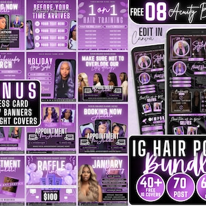 May include: A purple and black graphic design bundle for hair stylists. The bundle includes 40+ Instagram covers, 70 posts, and 60+ icons. The text "IG Hair Post Bundle" is in a neon purple font. The bundle is free to edit in Canva.