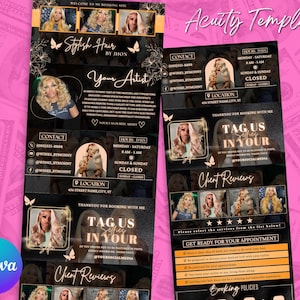 May include: A black and gold hair salon template with the text "Stylish Hair by Jhon" and "Acuity Template." The design includes images of hairstyles, contact information, and booking details. The Canva logo is visible.
